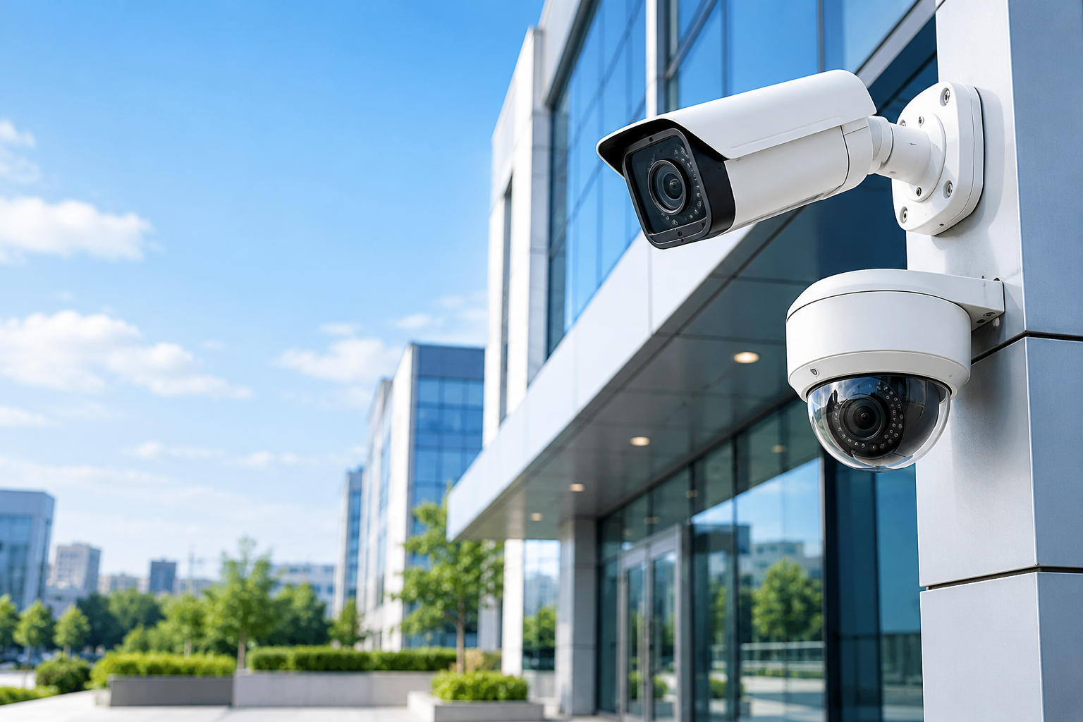 CCTV security cameras installed on a commercial building