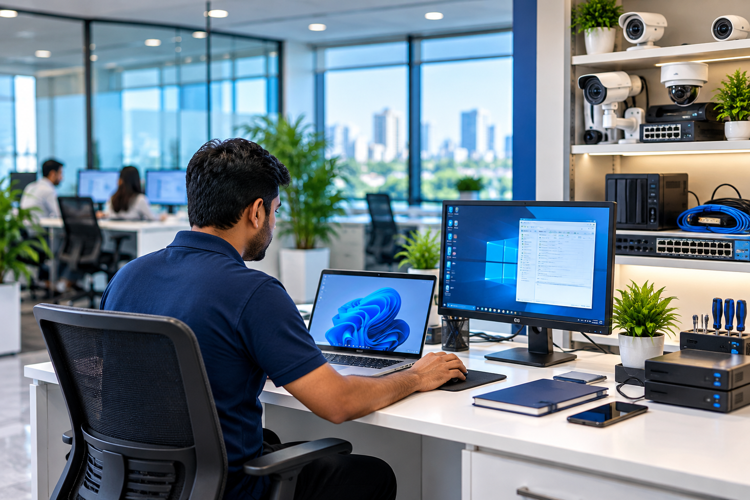 TM Technology IT support workspace with computers and CCTV equipment